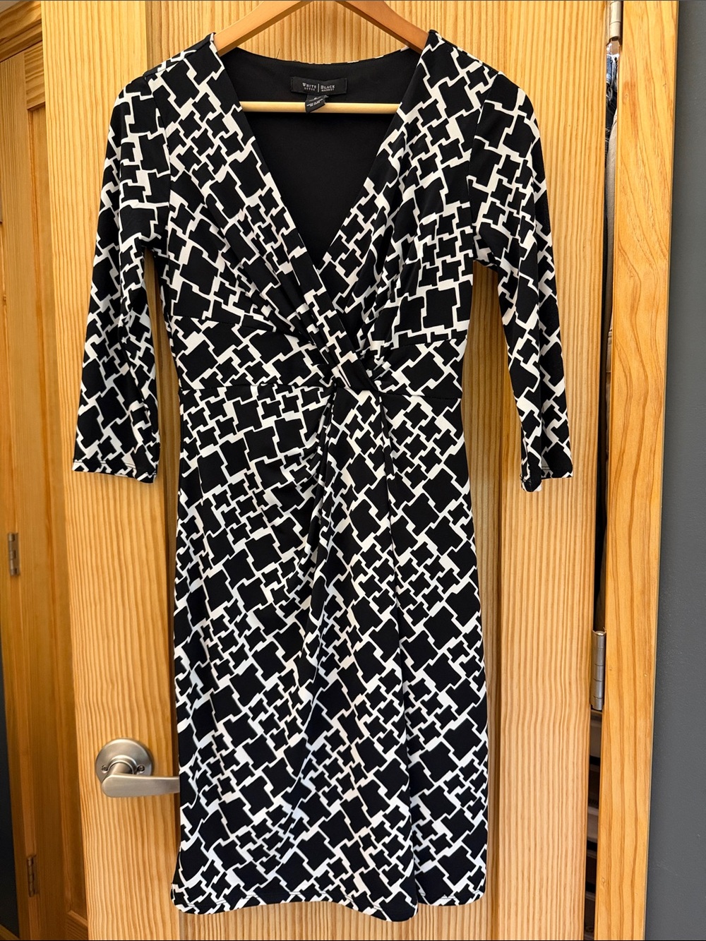 White House Black Market Black and White Geometric Wrap-Style Long Sleeve Dress